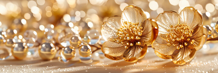 Fototapeta premium Festive Christmas Decoration, Golden Balls and Sparkles, Bright Holiday Background with Glittering Ornaments