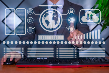 concept Global enterprise command center: Entrepreneur interacting with a secure holographic network