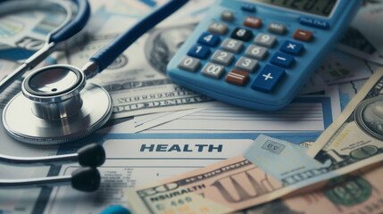 A close-up of medical expenses concept with a stethoscope, calculator, and US dollar bills on a medical billing statement, depicting the financial aspect of healthcare.