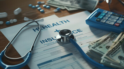 A close-up of medical expenses concept with a stethoscope, calculator, and US dollar bills on a medical billing statement, depicting the financial aspect of healthcare.