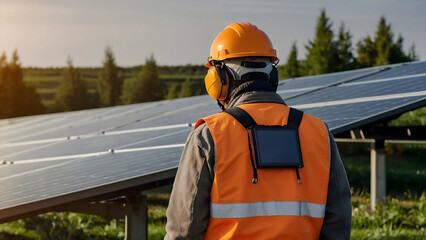 Worker in orange jacket working on solar panels, renewable energy concept, green energy background, template