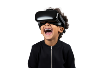 Portrait of young kid wearing VR glasses experience isolated on transparent background, virtual reality world, technology futuristic.