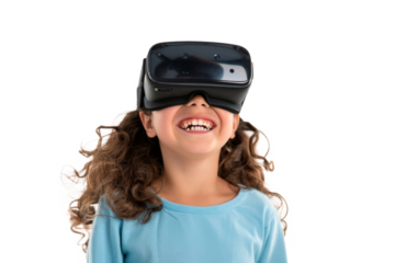 Portrait of young kid wearing VR glasses experience isolated on transparent background, virtual reality world, technology futuristic.