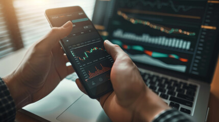 close-up of a hand holding a smartphone with stock market data on the screen, with a laptop in the background displaying additional financial charts