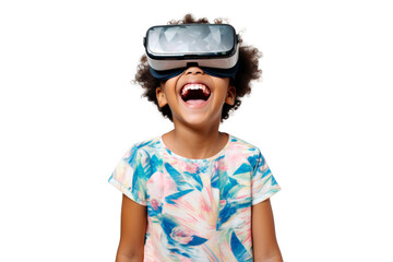 Portrait of young kid wearing VR glasses experience isolated on transparent background, virtual reality world, technology futuristic.