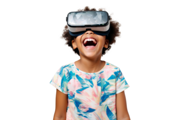 Portrait of young kid wearing VR glasses experience isolated on transparent background, virtual reality world, technology futuristic.
