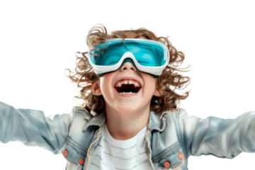 Portrait of young kid wearing VR glasses experience isolated on transparent background, virtual reality world, technology futuristic.
