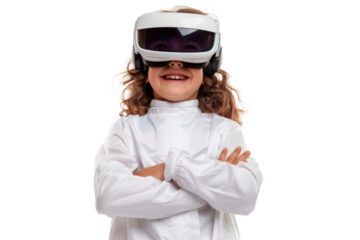 Portrait of young kid wearing VR glasses experience isolated on transparent background, virtual reality world, technology futuristic.