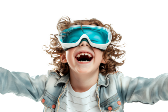 Portrait of young kid wearing VR glasses experience isolated on transparent background, virtual reality world, technology futuristic.