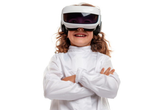 Portrait of young kid wearing VR glasses experience isolated on transparent background, virtual reality world, technology futuristic.