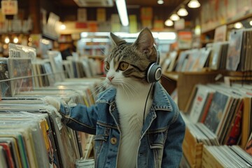 A cat with headphones in a music store