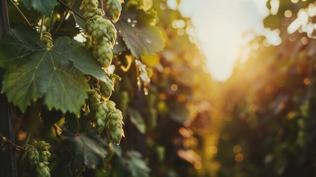 Green fresh hops close-up against the background of a hop plantation. Production of different types of hops for the production of craft beer.
