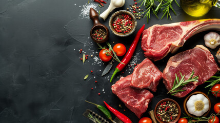 A selection of raw, high-quality steaks arranged artistically with fresh herbs, spices, and chili peppers on a dark background, ready for cooking. - obrazy, fototapety, plakaty