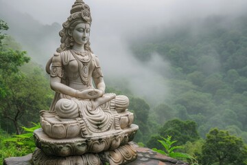 Stone Statue of an Indian Hindu goddess on the top of a hill or mountain against the backdrop of a green jungle. Hinduism religion, place of deity worship