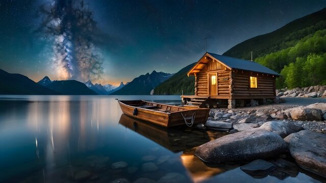 Night landscape scenery with milky way over mountains and wooden house by the lake, background, wallpaper