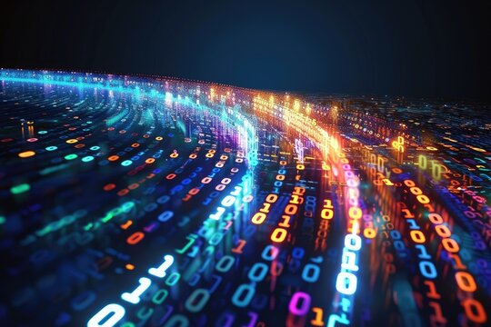 Neural network 3D illustration. Big data and cybersecurity. Data stream. Global database and artificial intelligence. Bright, colorful background with bokeh effect.