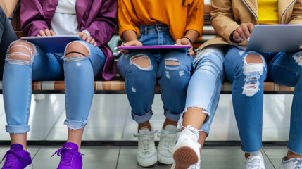 Naklejka premium A group of young individuals is seated side by side using various digital devices; laptops and smartphones, dressed in casual fashion with a focus on ripped jeans and diverse footwear.