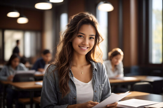 Pretty Young Woman In A Classroom Studying At University, Happy, Smiling College, High School Female Student Holding Notes, Assignment, Sitting At The Desk.