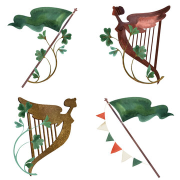 Set of illustrations for St. Patrick's Day. Compositions for postcards and Irish holiday decorations. Isolated watercolor illustration on white background.