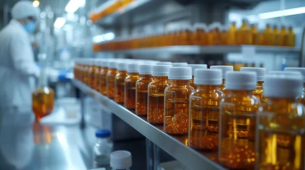 Fotobehang Glass bottles of orange alcoholic beverages on a shelving unit in a pharmacy © Vitalii
