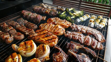 Grilling meat and vegetables on a BBQ captures the essence of outdoor cooking in tantalizing close-up detail, evoking summertime indulgence