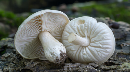 Two white mushrooms with detailed gills, isolated on a bright background.