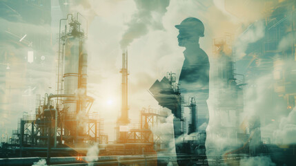 silhouette of a worker wearing a hard hat in the foreground, superimposed on a detailed industrial background - obrazy, fototapety, plakaty