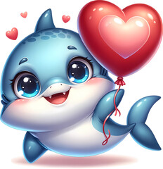 Illustration of a colorful and cute baby shark holding a red heart balloon, exuding joy and affection. Illustration of parrot for Valentine's Day or Mother's Day, or birthday