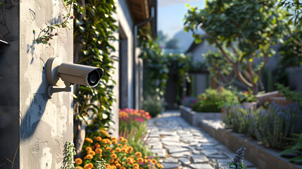 Home security. Video surveillance camera installed on the wall of a nice house. Alarm concept, security camera, home and burglary. - obrazy, fototapety, plakaty