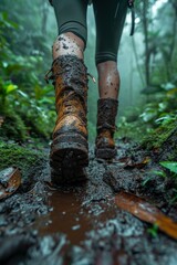 A man walking through mud in the middle of the jungle in rainy weather
