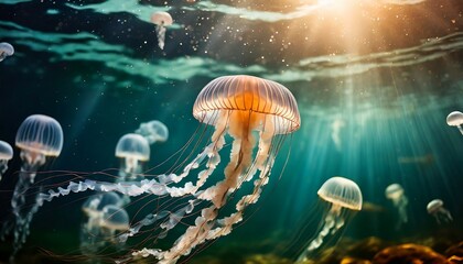 Jellyfish floats in dark sea water. Underwater life. Clean ocean.