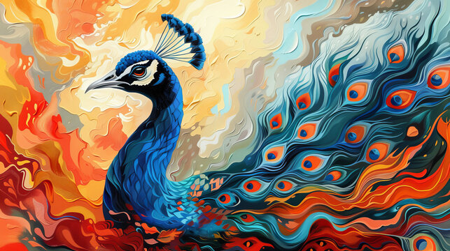 Abstract representation of a peacock with colorful feather,generative ai