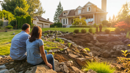portraying disappointed homeowners facing challenges with landscaping plans, whether due to unexpected terrain issues or difficulties in achieving the desired aesthetic - obrazy, fototapety, plakaty