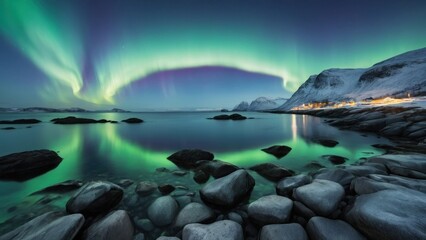 Scenic landscape of aurora over rocky seashore in Norway. generative, ai.