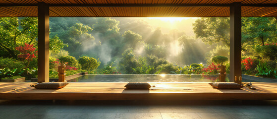 Fototapeta premium Enchanting Forest Scene Bathed in Sunlight, Capturing the Serenity and Beauty of Nature in the Early Morning