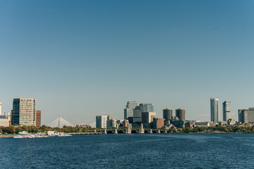 Fototapeta na wymiar Boston cityscape, view from harbor on downtown, USA - sep 2th 2023