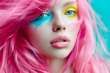 Fototapeta premium Portrait of beautiful girl with pink hair on a blue background. Bright and fashionable teenager girl Hipster with pink dyed hair with bright makeup. Stylish modern fashionable trendy girl.