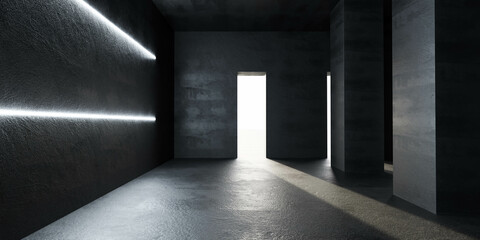 An Empty concrete Room With Light Coming Through the Door 3d render illustration
