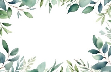 Watercolor border frame with eucalyptus twigs isolated on white background.