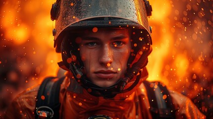 Firefighter portrait. Portrait of a firefighter in a helmet during a fire