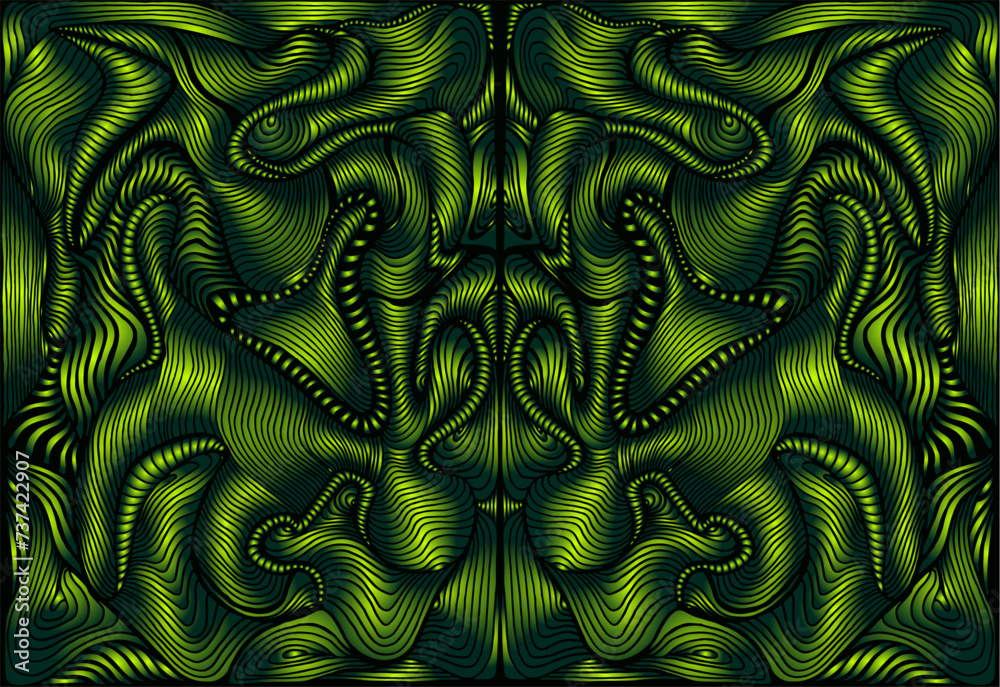 Wall mural Bright psychedelic symmetrical trippy fractal mandala, gradient green lime color background. 3D effect. Stylish card.