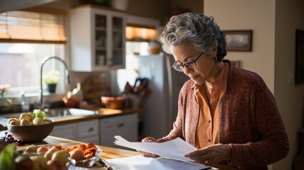 a woman reading a paper in a kitchen - obrazy, fototapety, plakaty