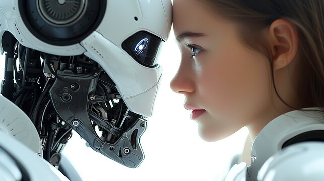 Girl and robot love. A look at a look. A girl and a robot