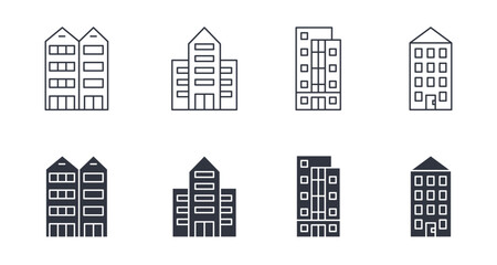 Vector line and silhouette building icons. Set signs editable stroke. Multistorey houses with a garage, doors and windows. Office space, apartments and townhouses. Stock illustration on a white back