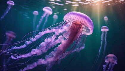 Naklejka premium Pink jellyfish floats in dark sea water. Mauve Stinger, Pelagia noctiluca. Underwater life.