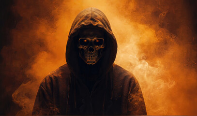 Mysterious hooded figure with a skull face surrounded by orange smoke on a dark background, concept of horror and fantasy - obrazy, fototapety, plakaty
