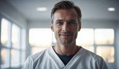 Confident Mid-Age Norwegian Male Doctor or Nurse in Clinic Outfit Standing in Modern White Hospital, Looking at Camera - Professional Medical Portrait, Copy Space, Design Template, Healthcare Concept - obrazy, fototapety, plakaty