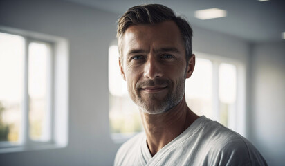 Naklejka premium Confident Mid-Age Danish Male Doctor or Nurse in Clinic Outfit Standing in Modern White Hospital, Looking at Camera - Professional Medical Portrait, Copy Space, Design Template, Healthcare Concept