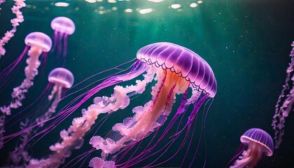 Pink jellyfish floats in dark sea water. Mauve Stinger, Pelagia noctiluca. Underwater life.