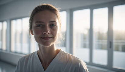 Confident Mid-Age Danish Female Doctor or Nurse in Clinic Outfit Standing in Modern White Hospital, Looking at Camera, Professional Medical Portrait, Copy Space, Design Template, Healthcare Concept